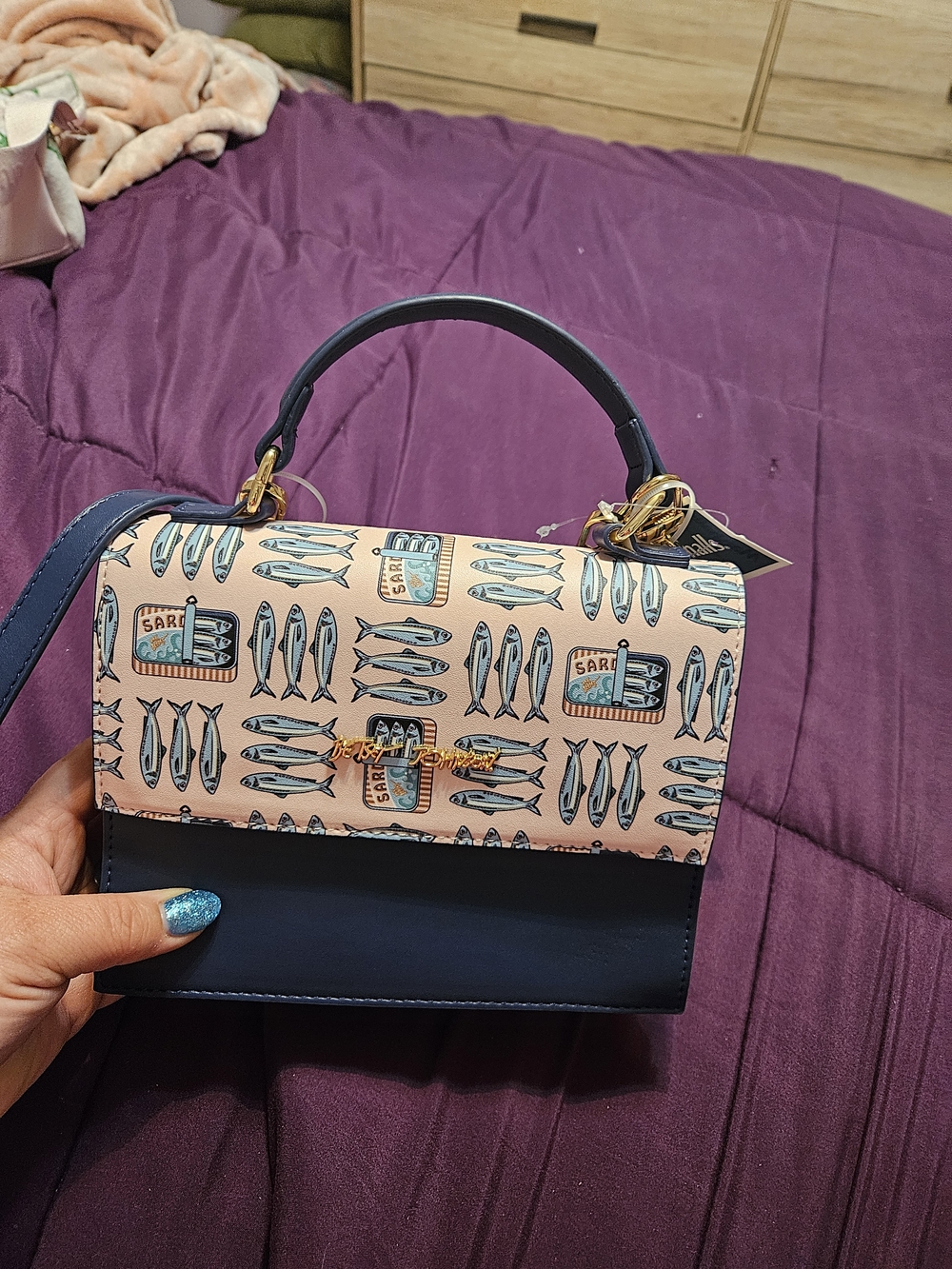 Betsey Johnson Navy and Peach Fish-Print Mini Satchel